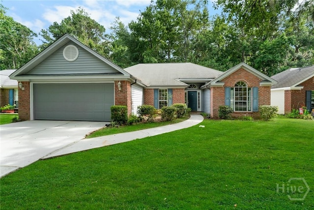 178 Junco Way, Savannah, GA 31419 - ranch-style house with brick siding, driveway, a garage, and a front lawn