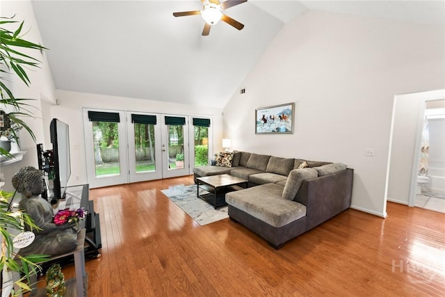 178 Junco Way, Savannah, GA 31419 - living area with high vaulted ceiling, a ceiling fan, french doors, and wood finished floors