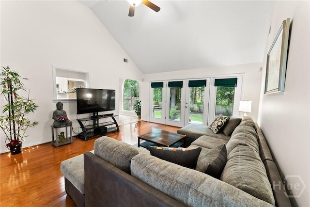 178 Junco Way, Savannah, GA 31419 - living area with high vaulted ceiling, a ceiling fan, and wood finished floors