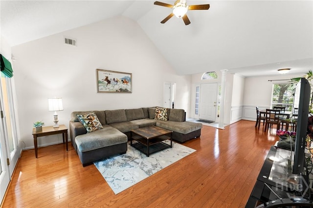 178 Junco Way, Savannah, GA 31419 - living room with a ceiling fan, high vaulted ceiling, wood-type flooring, and ornate columns