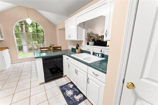 178 Junco Way, Savannah, GA 31419 - kitchen featuring black dishwasher, lofted ceiling, white cabinets, light tile patterned flooring, and dark countertops