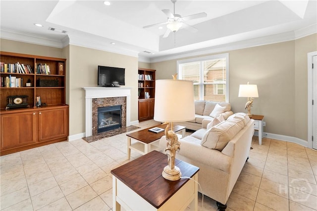 903 River Oaks Dr Unit 903, Richmond Hill, GA 31324 - living area with a raised ceiling, ceiling fan, recessed lighting, light tile patterned floors, and a fireplace