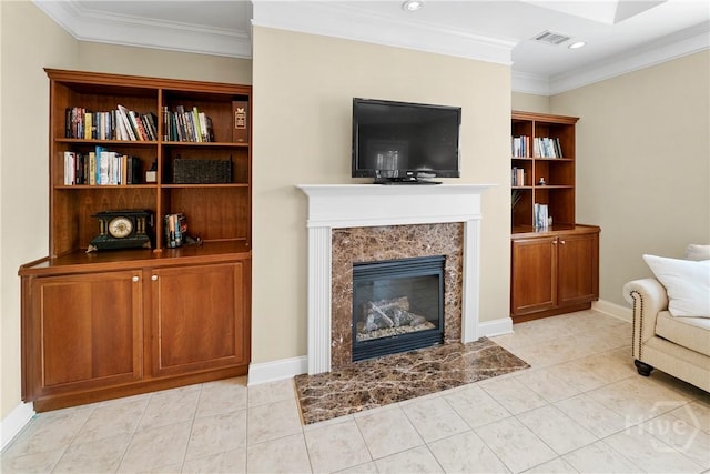 903 River Oaks Dr Unit 903, Richmond Hill, GA 31324 - living room featuring ornamental molding, a high end fireplace, light tile patterned flooring, and recessed lighting