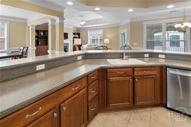 903 River Oaks Dr Unit 903, Richmond Hill, GA 31324 - kitchen featuring stainless steel dishwasher, crown molding, light tile patterned flooring, ceiling fan, and ornate columns