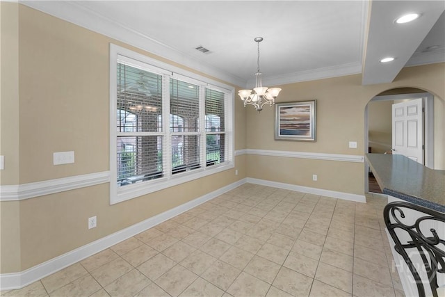 903 River Oaks Dr Unit 903, Richmond Hill, GA 31324 - unfurnished dining area with arched walkways, a chandelier, crown molding, light tile patterned floors, and recessed lighting