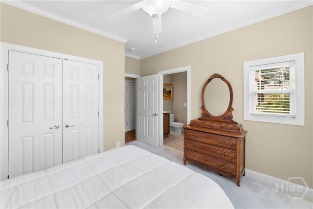 903 River Oaks Dr Unit 903, Richmond Hill, GA 31324 - bedroom with light carpet, a closet, crown molding, ensuite bathroom, and a ceiling fan