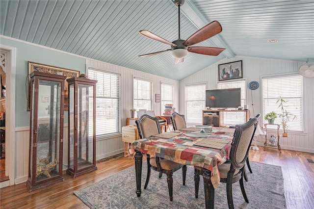 124 Drennon Dr, Jesup, GA 31545 - dining space featuring lofted ceiling, a ceiling fan, wood-type flooring, wooden walls, and wood ceiling