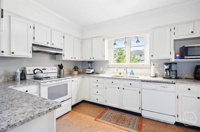 308 E 55th St, Savannah, GA 31405 - kitchen with white appliances, under cabinet range hood, white cabinetry, crown molding, and light stone counters