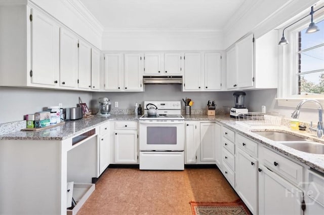 308 E 55th St, Savannah, GA 31405 - kitchen with electric stove, under cabinet range hood, white cabinetry, light stone counters, and ornamental molding