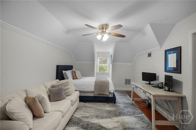 17 Hickory Grove Pt, Savannah, GA 31405 - bedroom featuring an office area, lofted ceiling, wood finished floors, and a ceiling fan