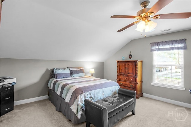 161 Laurel Ln, Guyton, GA 31312 - bedroom featuring light colored carpet, vaulted ceiling, and a ceiling fan