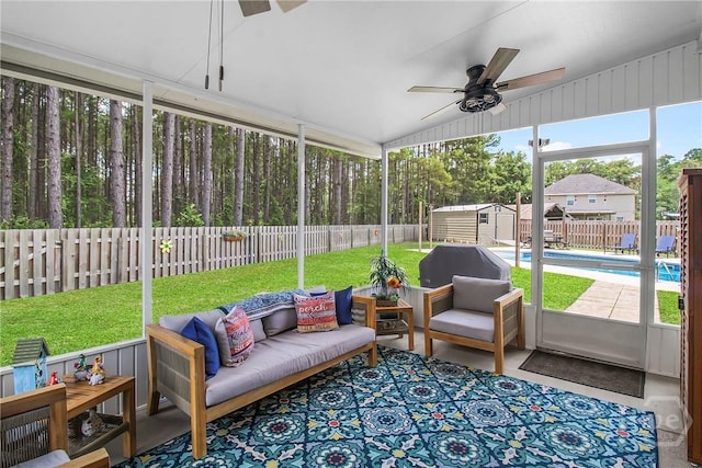 161 Laurel Ln, Guyton, GA 31312 - sunroom with an outdoor hangout area, ceiling fan, and vaulted ceiling
