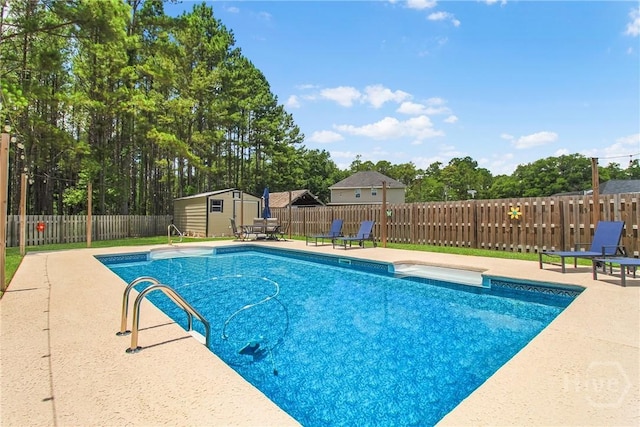 161 Laurel Ln, Guyton, GA 31312 - view of swimming pool with a storage shed, a fenced backyard, and a patio