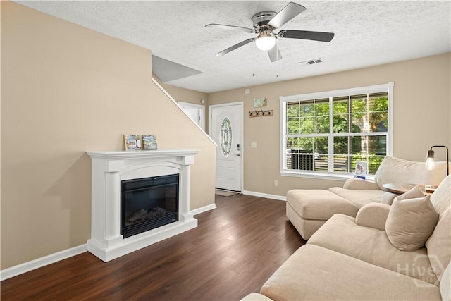 310 Mapmaker Ln, Savannah, GA 31410 - living room with wood finished floors, a ceiling fan, a textured ceiling, and a glass covered fireplace
