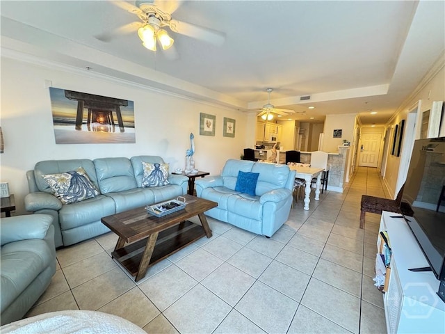 404 Butler Ave Unit 612, Tybee Island, GA 31328 - living area with a raised ceiling, a ceiling fan, and light tile patterned flooring