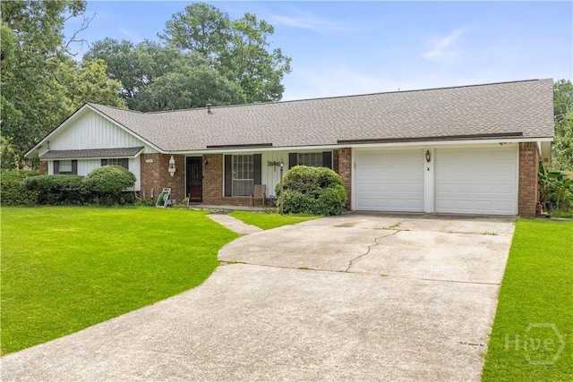 10524 Gray Fox Way, Savannah, GA 31406 - ranch-style house featuring brick siding, an attached garage, concrete driveway, a shingled roof, and a front yard