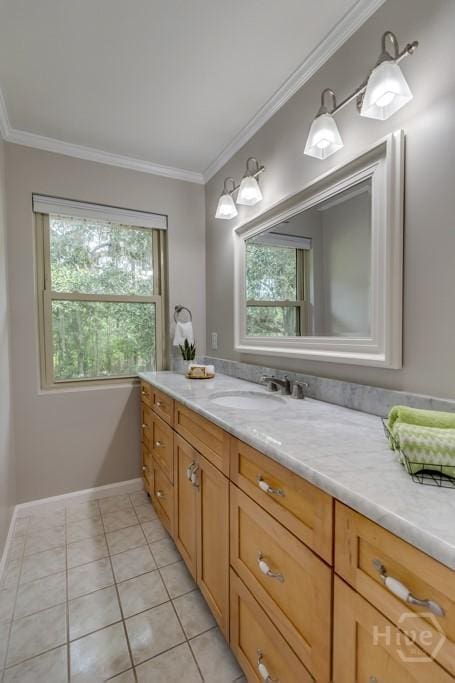 611 Benton Dr, Pooler, GA 31322 - bathroom with vanity, plenty of natural light, crown molding, and tile patterned floors