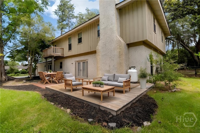 611 Benton Dr, Pooler, GA 31322 - rear view of property with outdoor lounge area, a wooden deck, french doors, a balcony, and board and batten siding