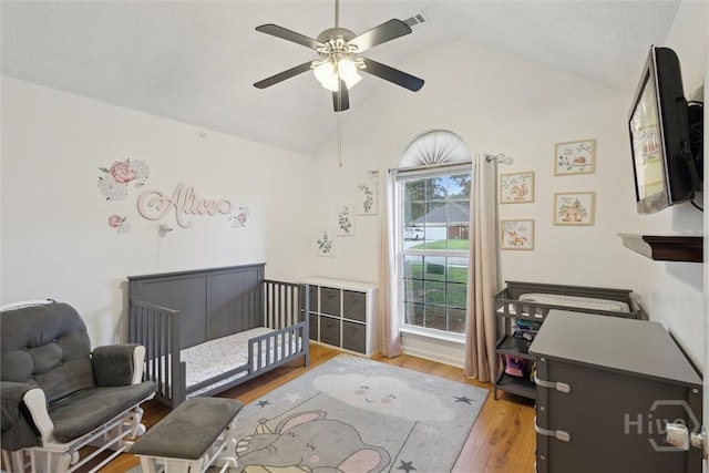 226 Silver Brook Cir, Pooler, GA 31322 - bedroom with lofted ceiling, a crib, wood finished floors, and ceiling fan