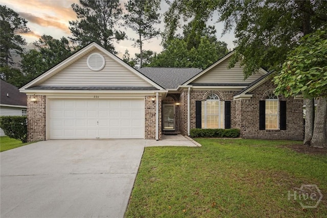 226 Silver Brook Cir, Pooler, GA 31322 - ranch-style house with concrete driveway, brick siding, a garage, and a yard