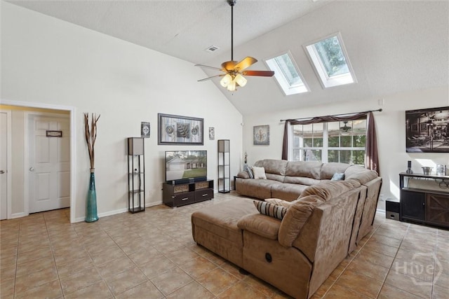 226 Silver Brook Cir, Pooler, GA 31322 - living room featuring high vaulted ceiling, a skylight, light tile patterned flooring, and ceiling fan