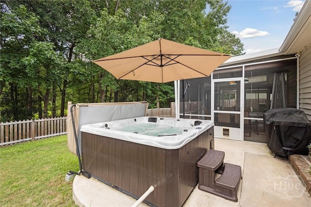 226 Silver Brook Cir, Pooler, GA 31322 - fenced backyard with a hot tub, a sunroom, grilling area, and a patio area
