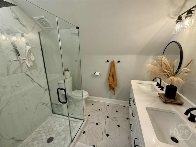 1306 E Waldburg St, Savannah, GA 31404 - bathroom featuring a marble finish shower, double vanity, and vaulted ceiling