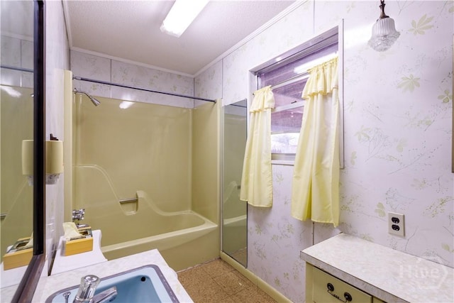 401 E Smith St, Claxton, GA 30417 - bathroom featuring wallpapered walls, crown molding, tub / shower combination, tile patterned floors, and a textured ceiling