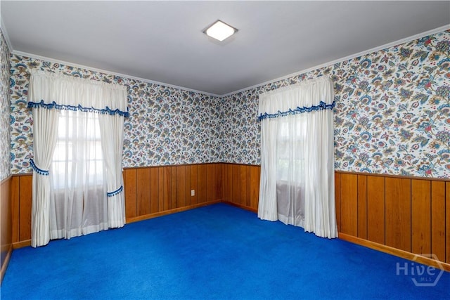 401 E Smith St, Claxton, GA 30417 - spare room featuring a wainscoted wall, plenty of natural light, wallpapered walls, wood walls, and carpet