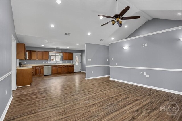 2 Brandle Cv, Savannah, GA 31405 - unfurnished living room with a ceiling fan, dark wood-style flooring, recessed lighting, and high vaulted ceiling