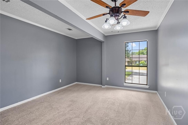 2 Brandle Cv, Savannah, GA 31405 - empty room featuring a textured ceiling, carpet flooring, a ceiling fan, and crown molding