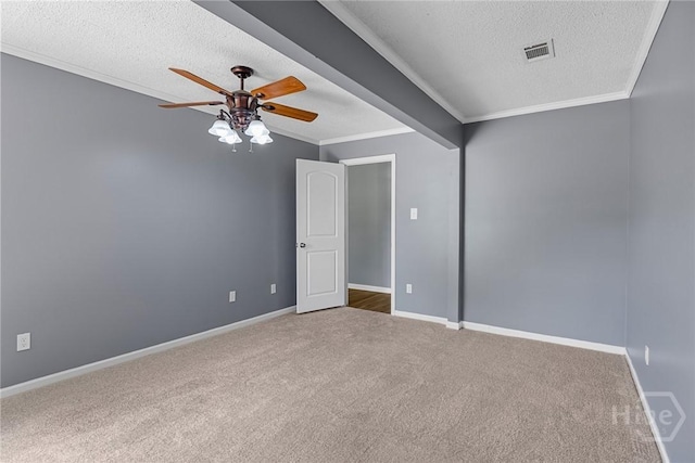 2 Brandle Cv, Savannah, GA 31405 - unfurnished bedroom featuring a textured ceiling, ornamental molding, carpet, and ceiling fan