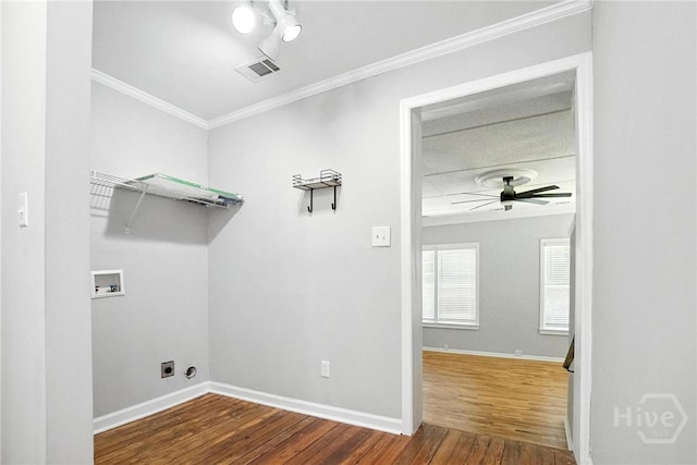 7423 Central Ave, Savannah, GA 31406 - laundry area with washer hookup, wood finished floors, ornamental molding, electric dryer hookup, and ceiling fan
