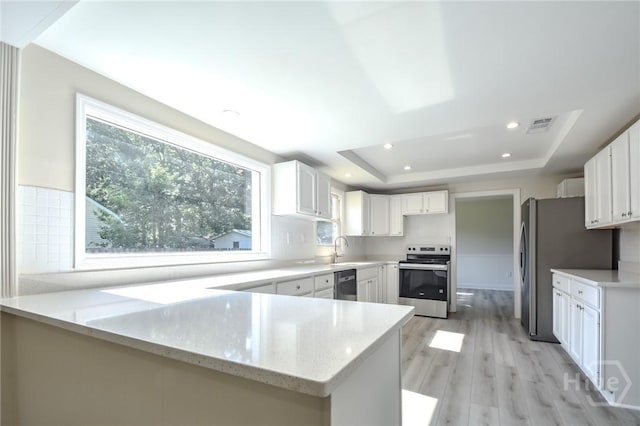 1003 Lora St, Savannah, GA 31410 - kitchen with appliances with stainless steel finishes, plenty of natural light, a tray ceiling, light stone counters, and recessed lighting