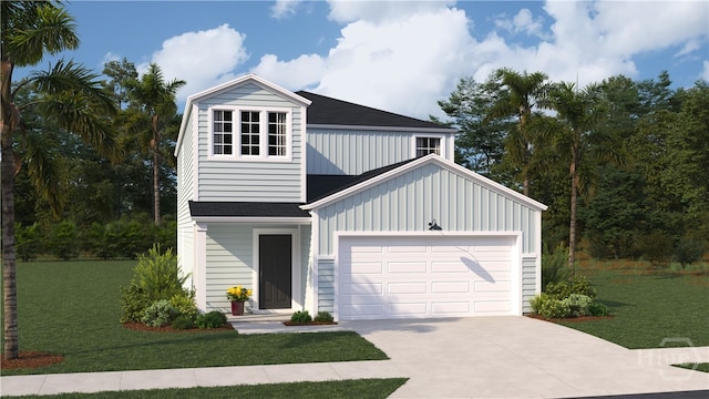 143 Crimson Ln, Savannah, GA 31302 - view of front of house featuring board and batten siding, a garage, a front lawn, driveway, and roof with shingles