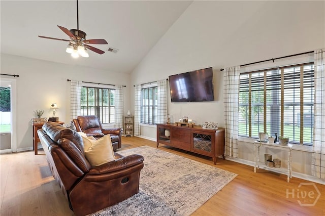 28 Cross Gate Ct, Pooler, GA 31322 - living area featuring ceiling fan, high vaulted ceiling, and light wood-style floors