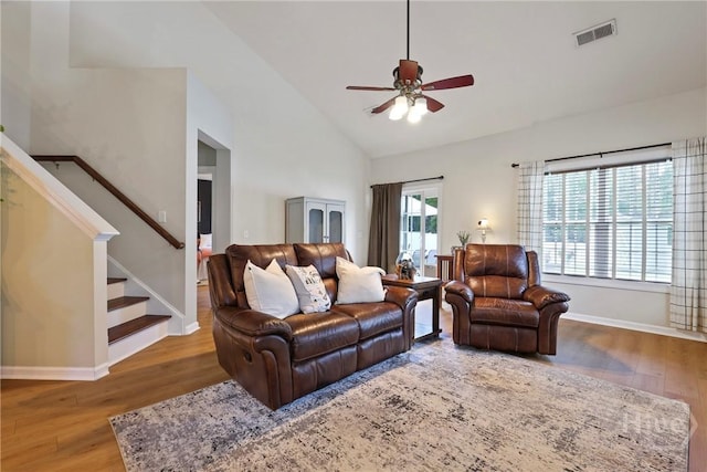 28 Cross Gate Ct, Pooler, GA 31322 - living area with ceiling fan, wood finished floors, high vaulted ceiling, and stairway