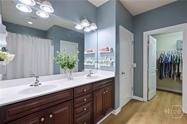 28 Cross Gate Ct, Pooler, GA 31322 - bathroom featuring wood finished floors, double vanity, a walk in closet, and a shower with curtain