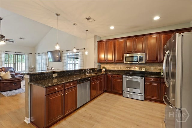 28 Cross Gate Ct, Pooler, GA 31322 - kitchen with appliances with stainless steel finishes, open floor plan, a peninsula, light wood-type flooring, and healthy amount of natural light
