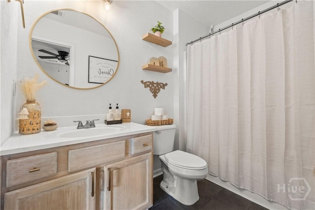 135 Trellis Way, Savannah, GA 31419 - bathroom featuring vanity, tile patterned floors, ceiling fan, a textured ceiling, and a shower with curtain