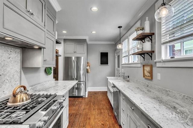 217 E 54th St, Savannah, GA 31405 - kitchen featuring stainless steel appliances, crown molding, open shelves, gray cabinets, and light stone counters