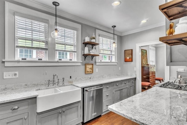 217 E 54th St, Savannah, GA 31405 - kitchen featuring stainless steel dishwasher, gray cabinetry, open shelves, crown molding, and light stone counters