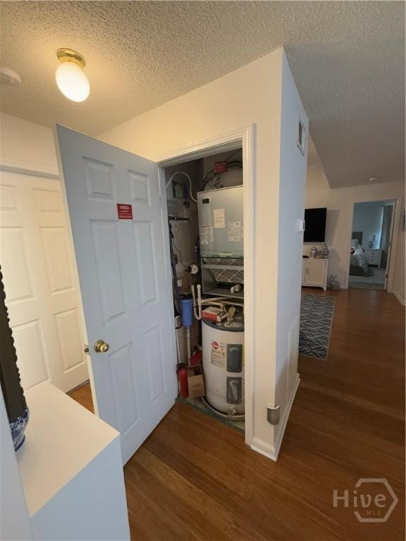 9307 Walden Park Dr, Savannah, GA 31410 - hallway with wood finished floors, electric water heater, and a textured ceiling