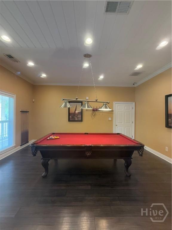 9307 Walden Park Dr, Savannah, GA 31410 - game room featuring billiards table, wood finished floors, ornamental molding, recessed lighting, and wood ceiling