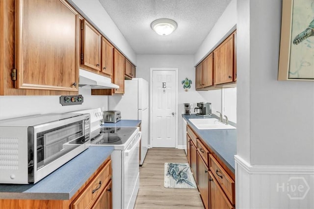 13 Bryan Wood Cir, Savannah, GA 31410 - kitchen with under cabinet range hood, white electric range, stainless steel microwave, light wood-type flooring, and brown cabinetry