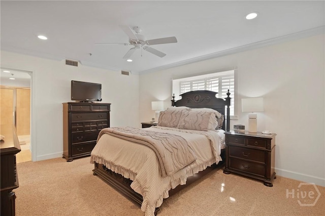 700 Wilmington Island Rd Unit T3, Savannah, GA 31410 - bedroom featuring recessed lighting, light colored carpet, ceiling fan, ornamental molding, and connected bathroom