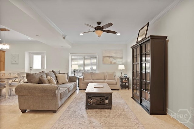 700 Wilmington Island Rd Unit T3, Savannah, GA 31410 - living room featuring light tile patterned floors, ceiling fan, ornamental molding, and recessed lighting