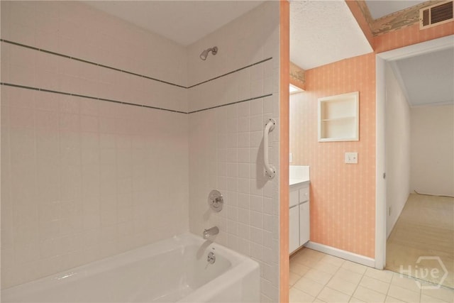 10804 Dorchester Rd, Savannah, GA 31406 - full bathroom with wallpapered walls, vanity, bathtub / shower combination, and tile patterned floors