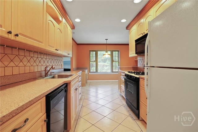 10804 Dorchester Rd, Savannah, GA 31406 - kitchen featuring black appliances, backsplash, light tile patterned flooring, ornamental molding, and recessed lighting