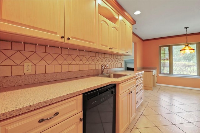 10804 Dorchester Rd, Savannah, GA 31406 - kitchen with black dishwasher, tasteful backsplash, light tile patterned floors, ornamental molding, and decorative light fixtures